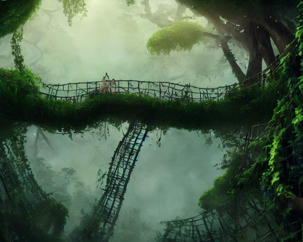 Person crossing old rope bridge in mystical forest with green foliage