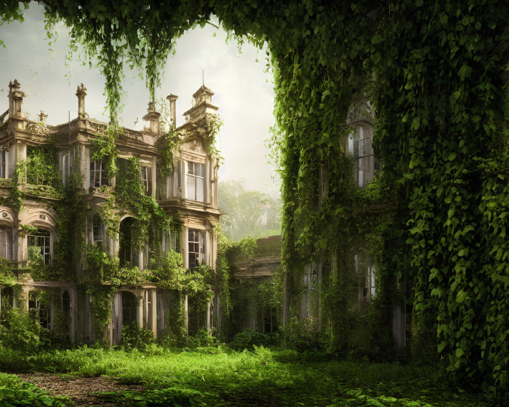 Abandoned mansion covered in ivy, surrounded by lush greenery