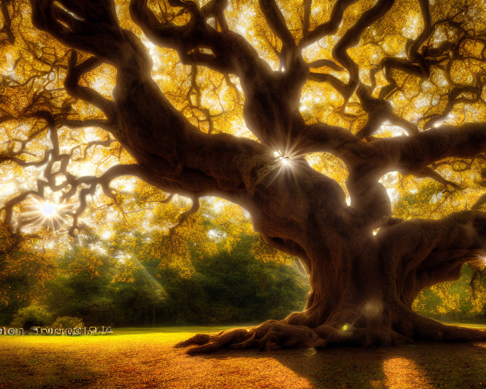 Ancient tree in dense forest illuminated by sunlight