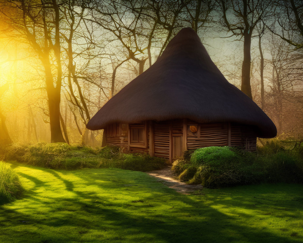 Serene forest scene with thatched roof cottage and sunlight piercing through trees