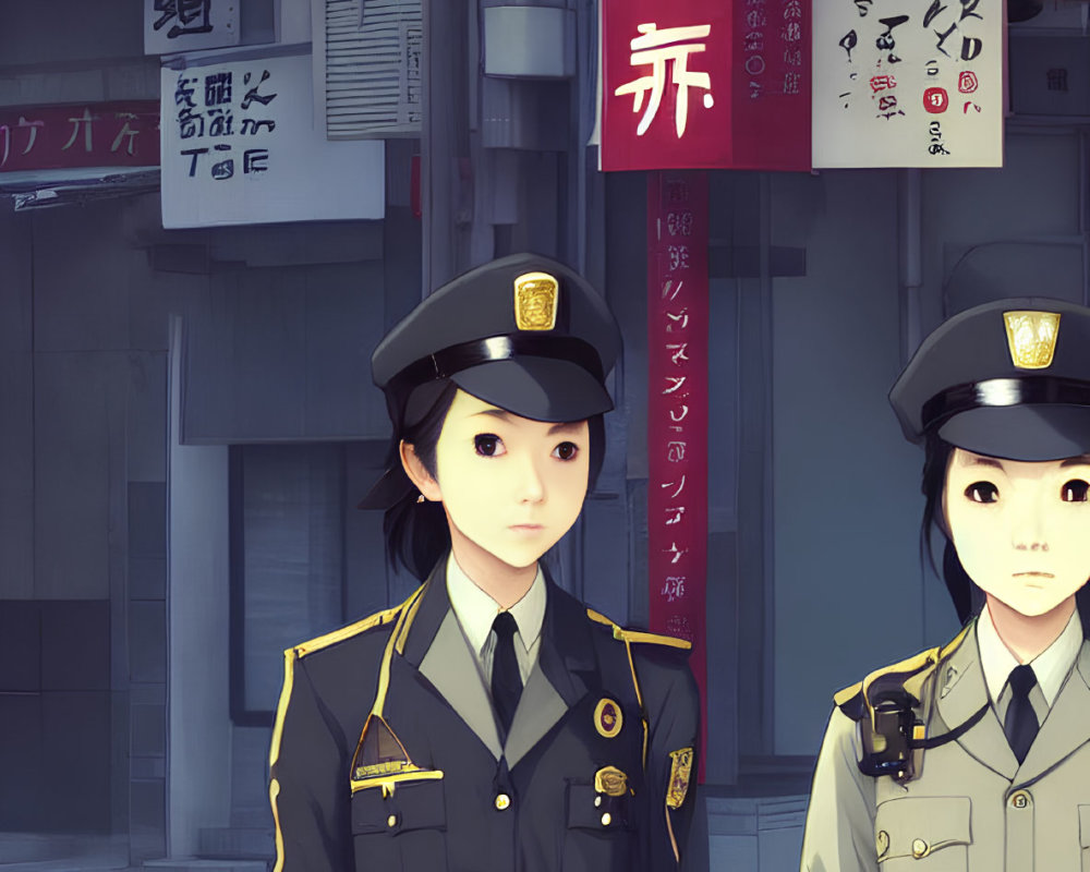 Two female police officers in uniform on a street with Japanese signs.
