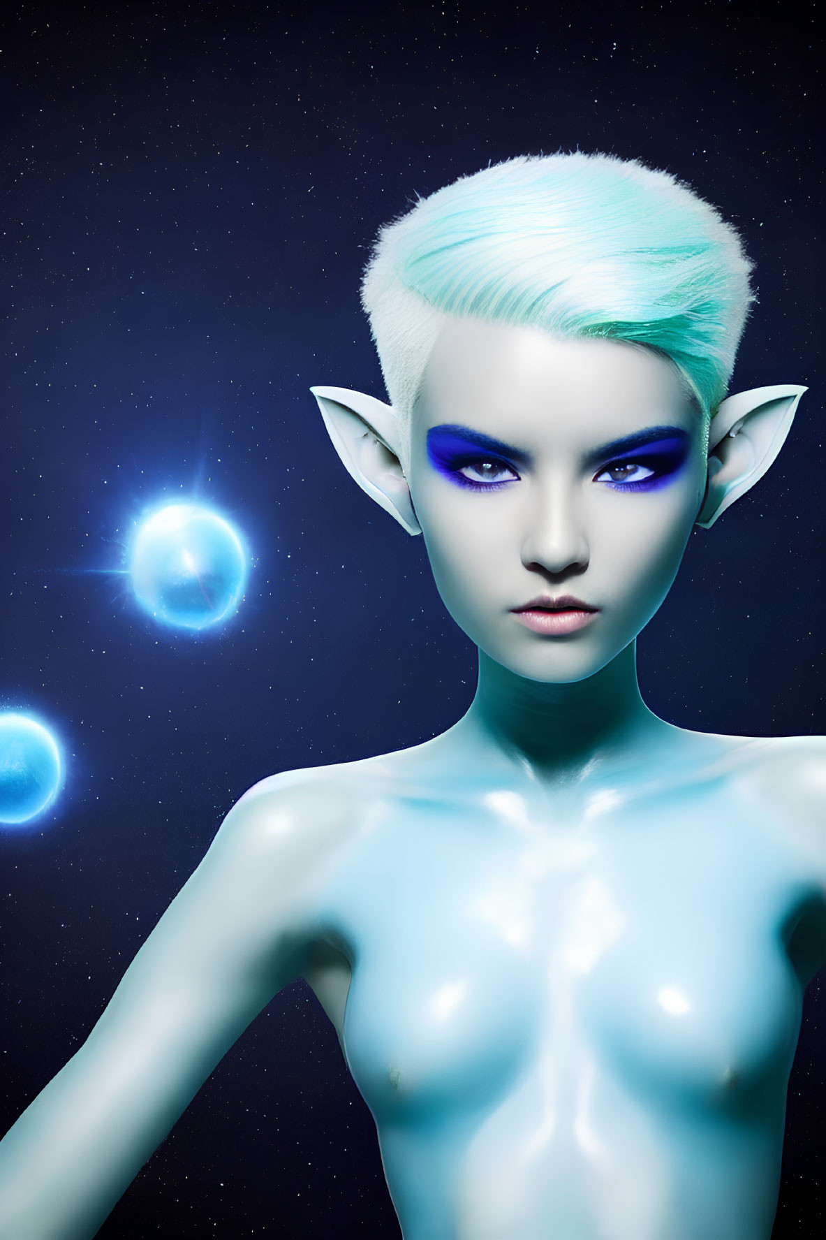 Blue-skinned humanoid alien in space with blue orbs