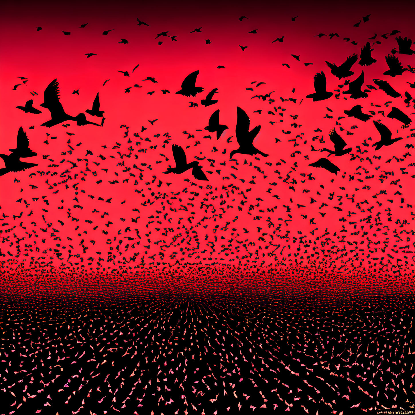 Flock of Birds Silhouetted Against Vibrant Red Sky