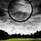 Flock of birds flying in dark sky over green field and trees