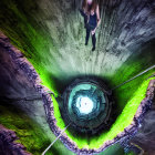 Person suspended above futuristic hatch in illuminated shaft with cables and green hues