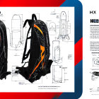 Black Backpack with Orange and White Designs and Schematic Illustrations