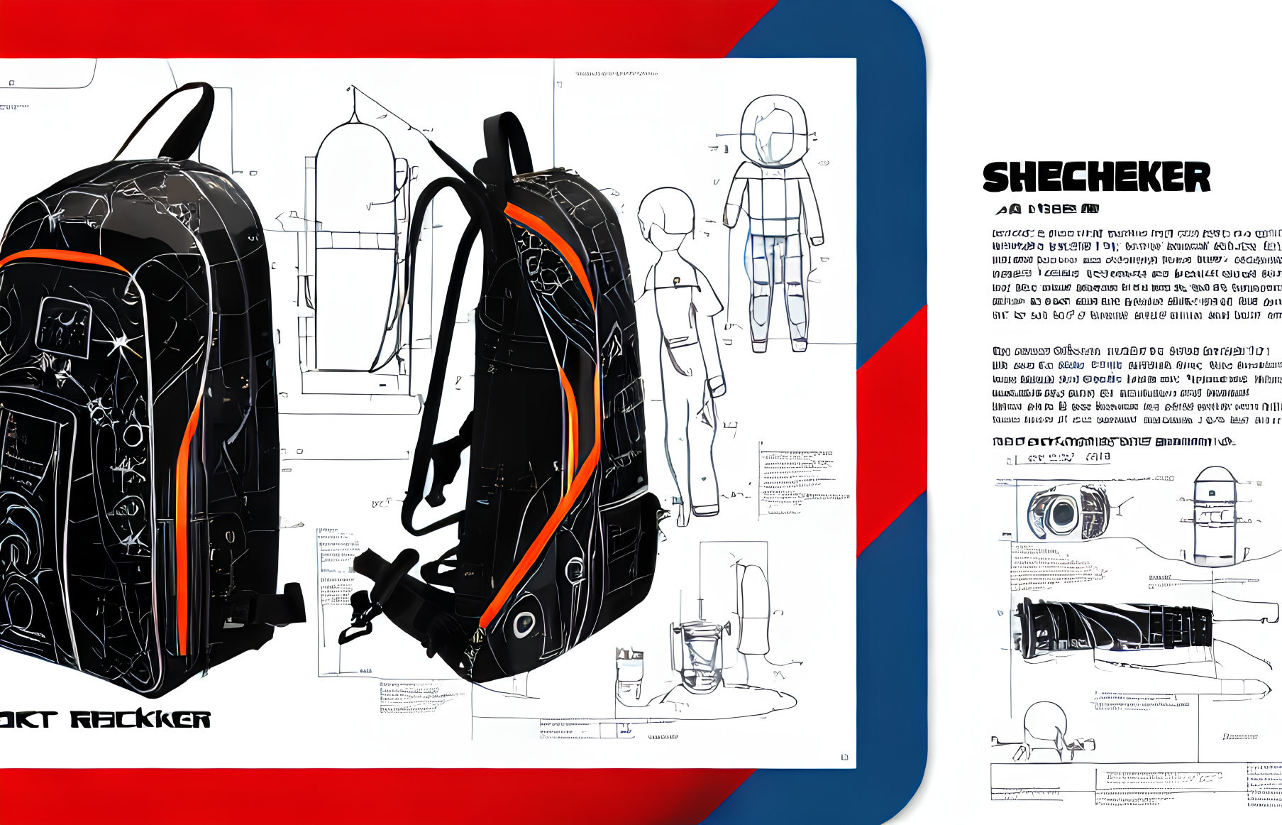 Black Backpack with Orange and White Designs and Schematic Illustrations