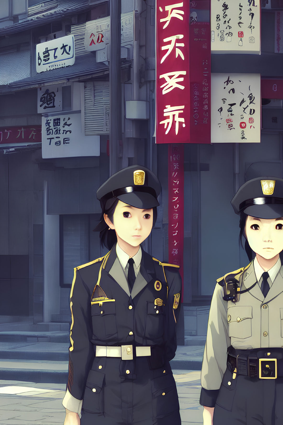 Two female police officers in uniform on a street with Japanese signs.