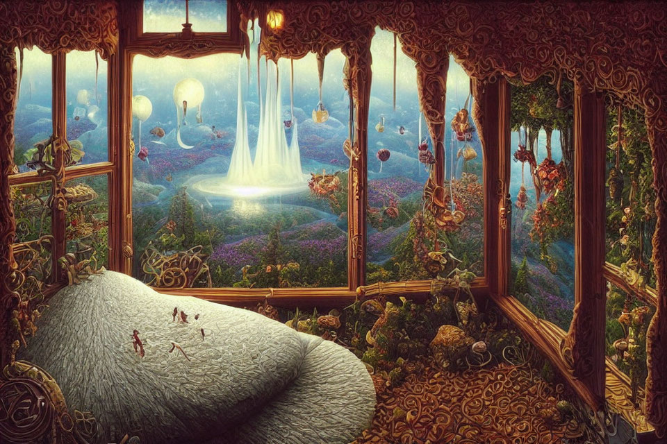 Luxurious room with fantasy landscape view including waterfall and balloons