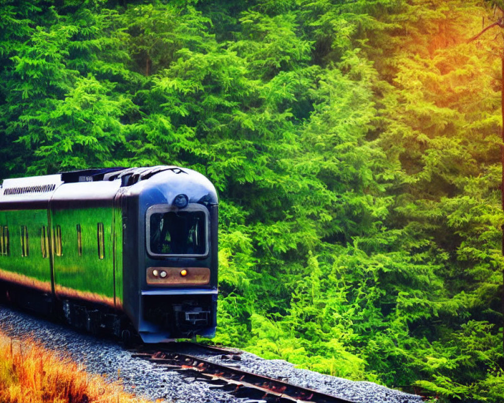 Train journey through dense forest with towering green trees