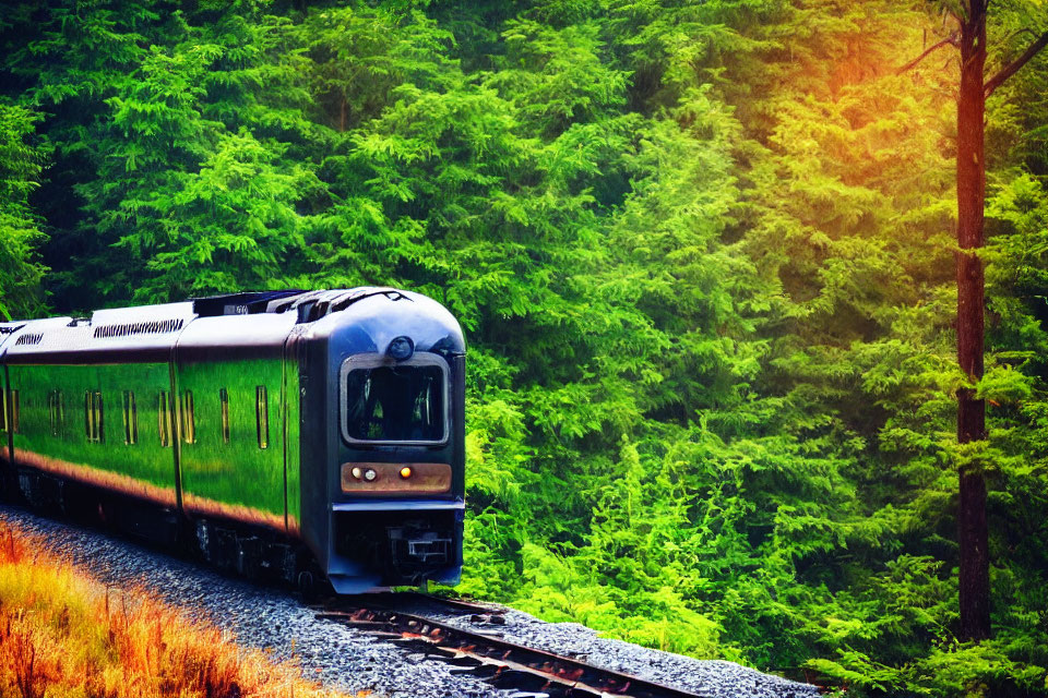 Train journey through dense forest with towering green trees