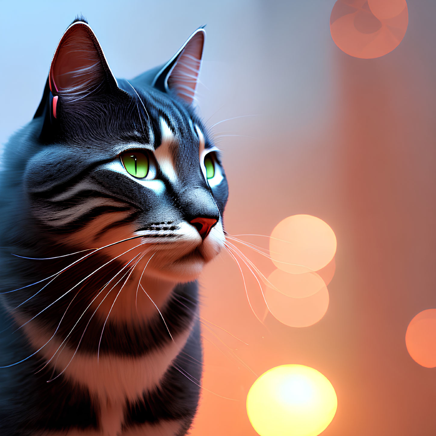 Striking Green-Eyed Cat Digital Illustration with Prominent Whiskers