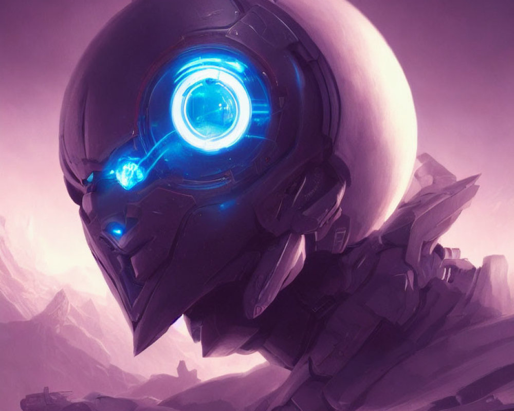 Futuristic robotic head with glowing blue eye on purple alien landscape