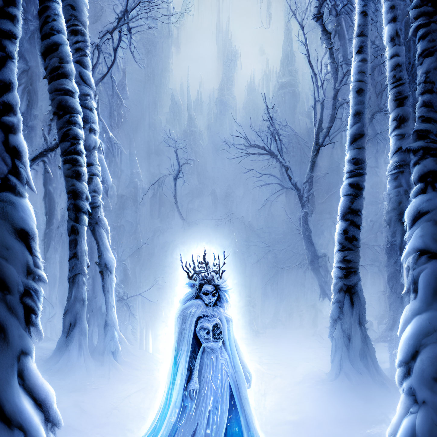 Ethereal figure in deer skull mask and antlers in snowy forest
