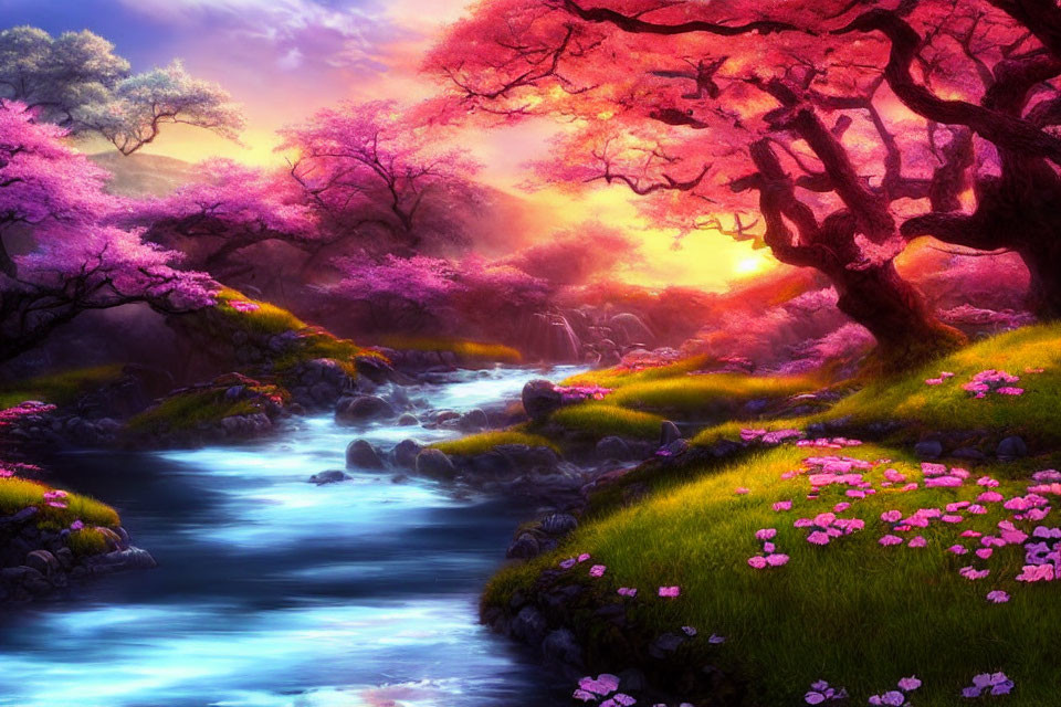 Tranquil landscape with pink cherry blossoms and babbling creek