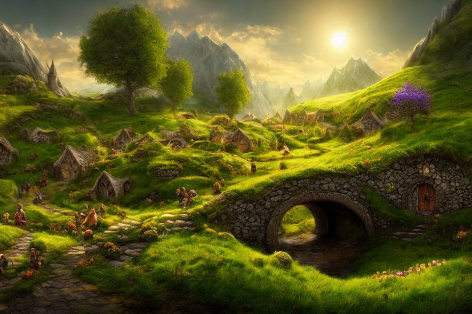 Charming village with hobbit-like houses in green hills at sunrise