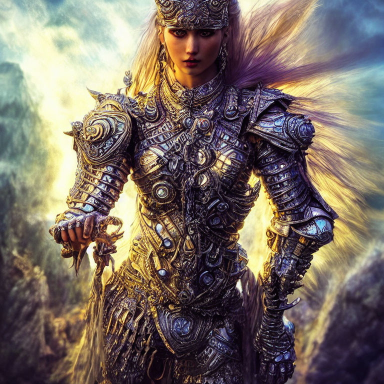 Female warrior in silver armor with fur accents against mountainous backdrop
