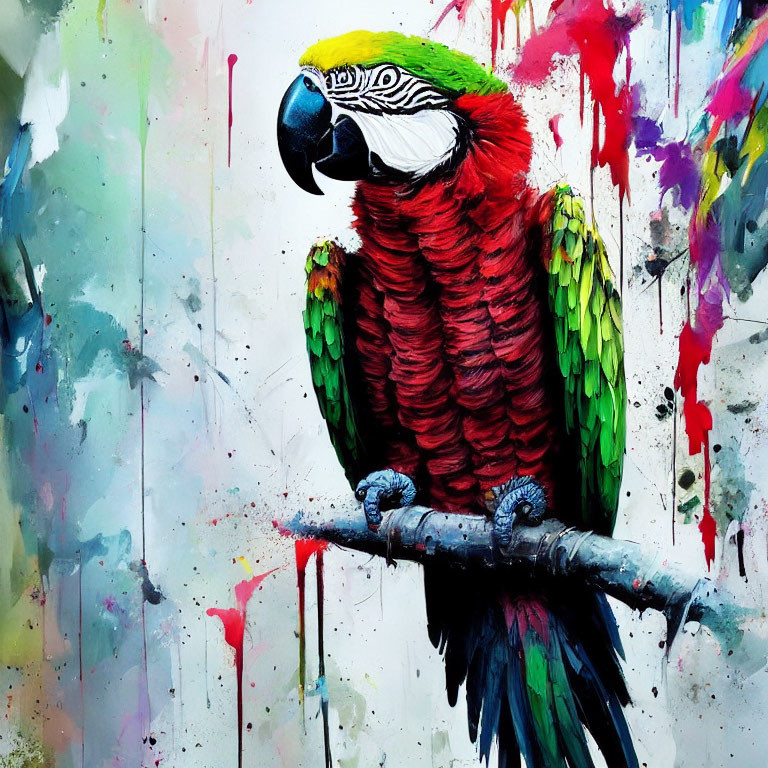 Colorful Macaw with Green Wings and Red Plumage on Paint Splatter Background