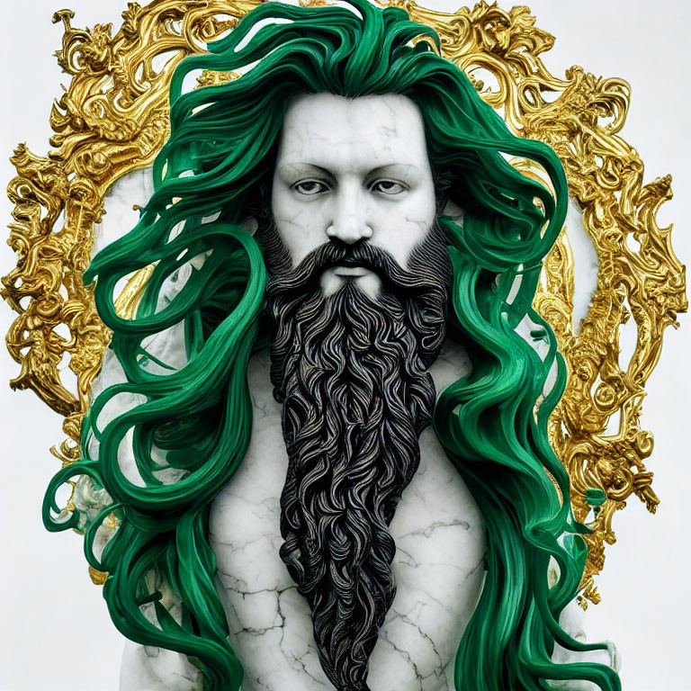 Detailed illustration: Green-haired figure resembling marble statue in ornate golden frame