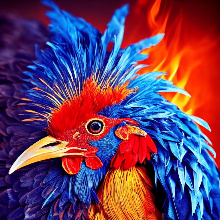 Colorful bird with sharp beak against fiery backdrop