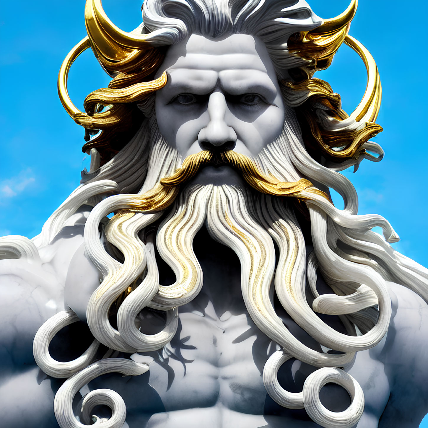 Mythological Greek god Poseidon in 3D with flowing beard and hair