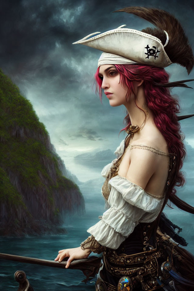 Pink-haired woman in pirate hat gazes at stormy seas from ship deck