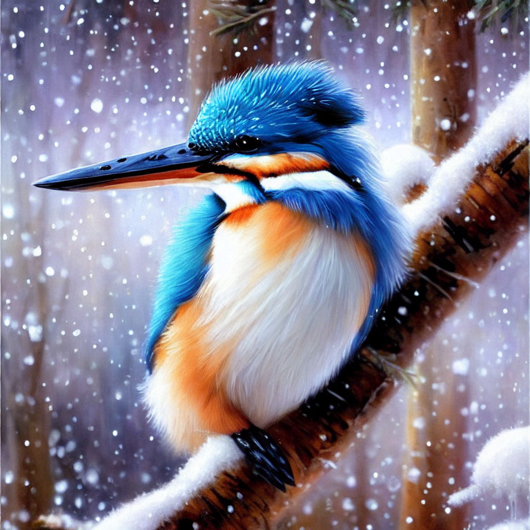 Vivid Blue and Orange Kingfisher Perched in Snowfall