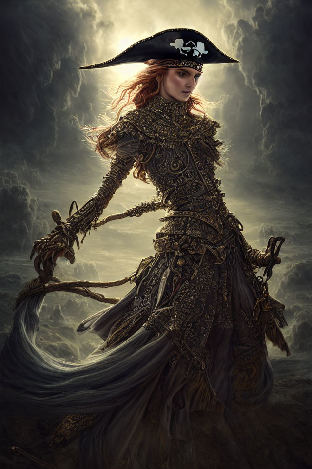 Female pirate in ornate attire amid stormy sky