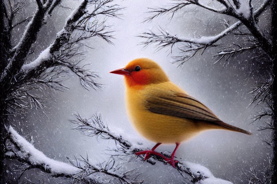 Colorful bird with orange-red head perched on snowy branches in wintry forest.