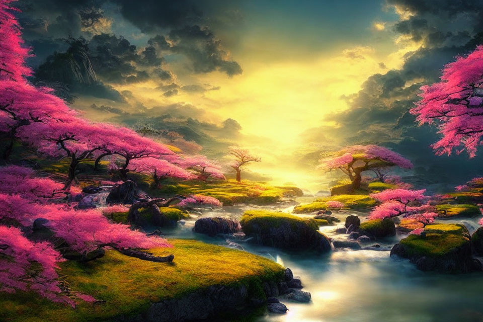 Tranquil landscape with cherry blossom trees, stream, rocks, and sunset