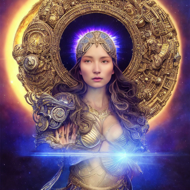 Woman in Golden Armor with Halo and Cosmic Background Holding Blue Energy Blade
