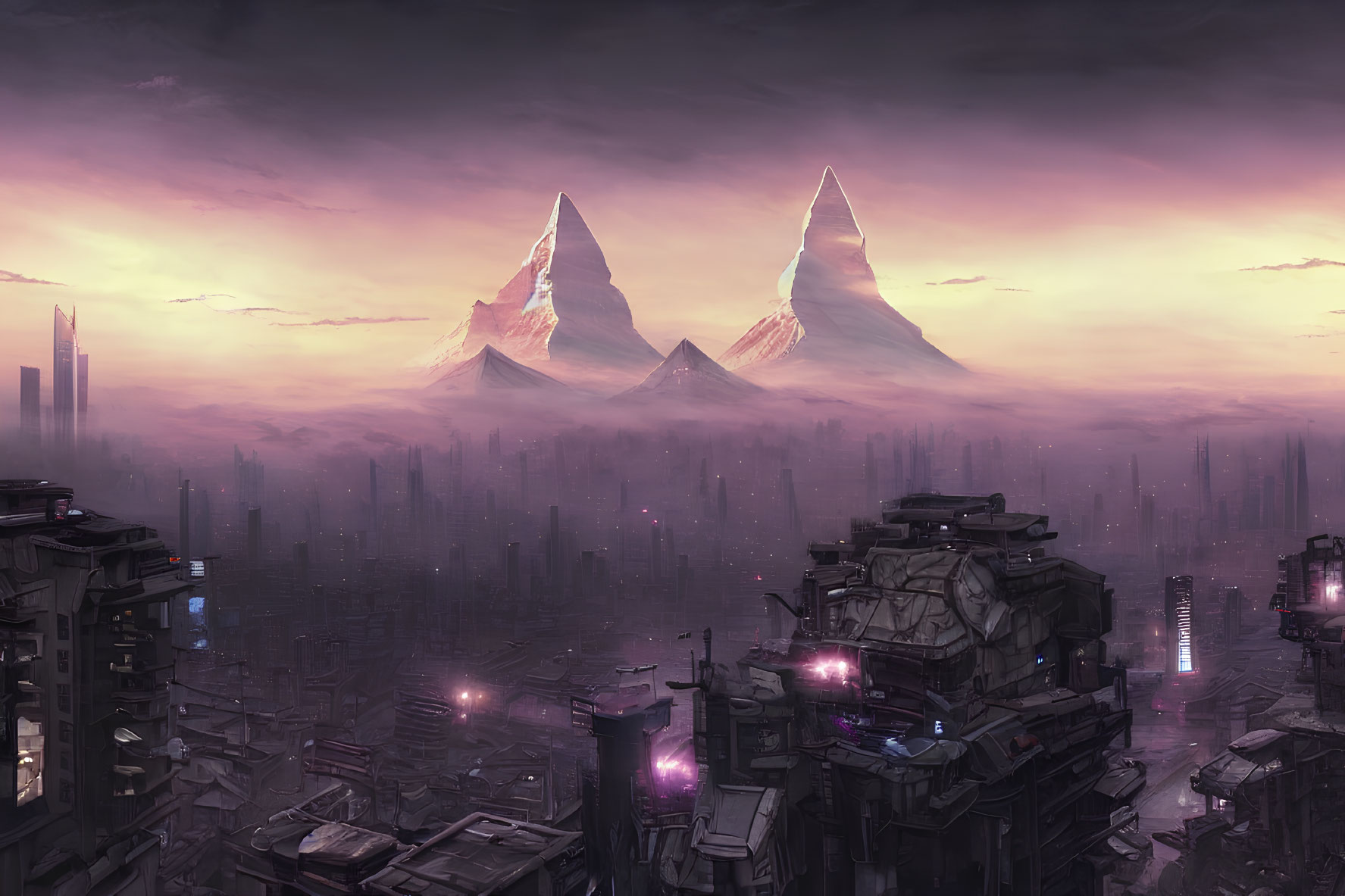 Futuristic cityscape at dusk with high-rises, neon lights, and mountains under a purple