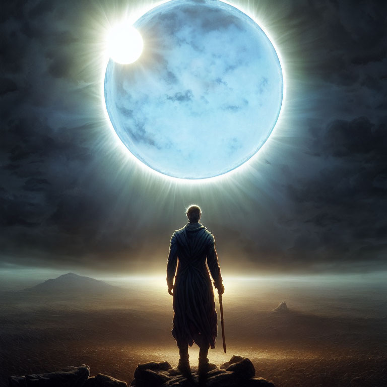 Person faces sun and moon alignment in dramatic landscape with staff.