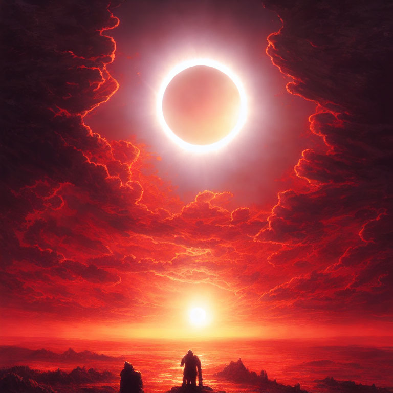 Solar Eclipse Silhouettes Against Red Sky and Swirling Clouds