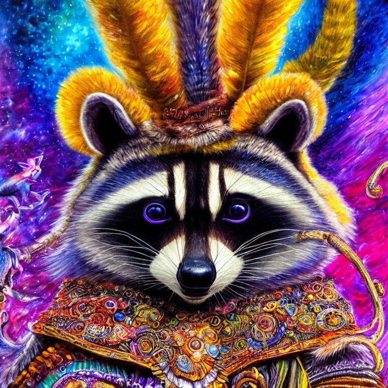 Colorful raccoon illustration with cosmic background and intricate patterns.
