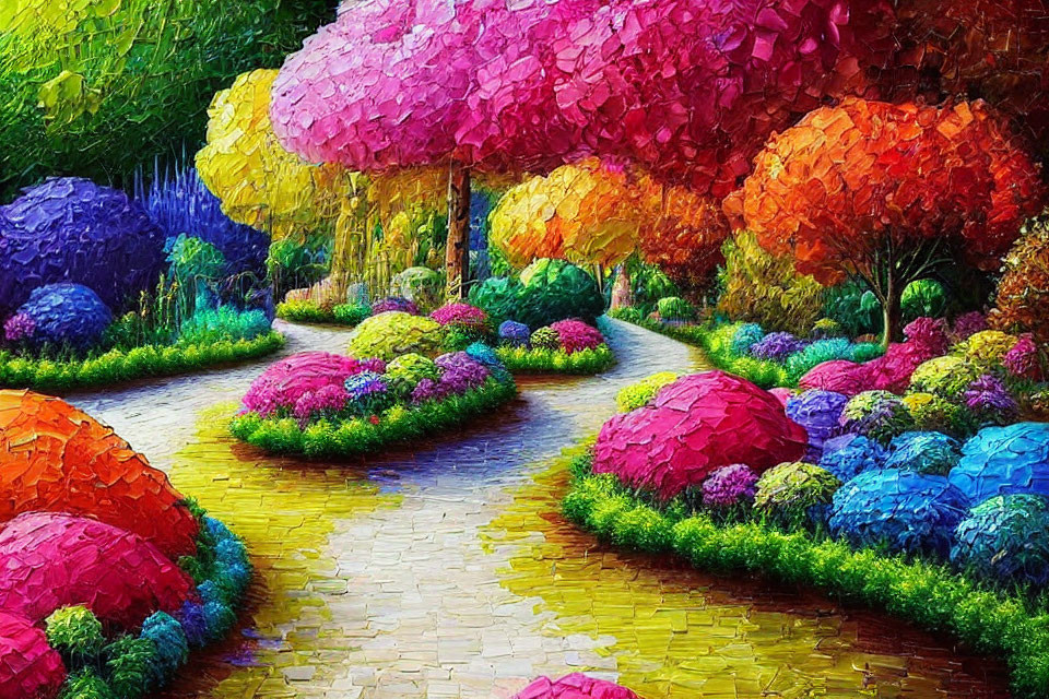 Whimsical garden painting with colorful trees and cobblestone path