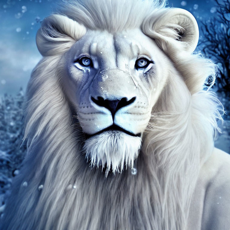 White lion with blue eyes in snowy landscape
