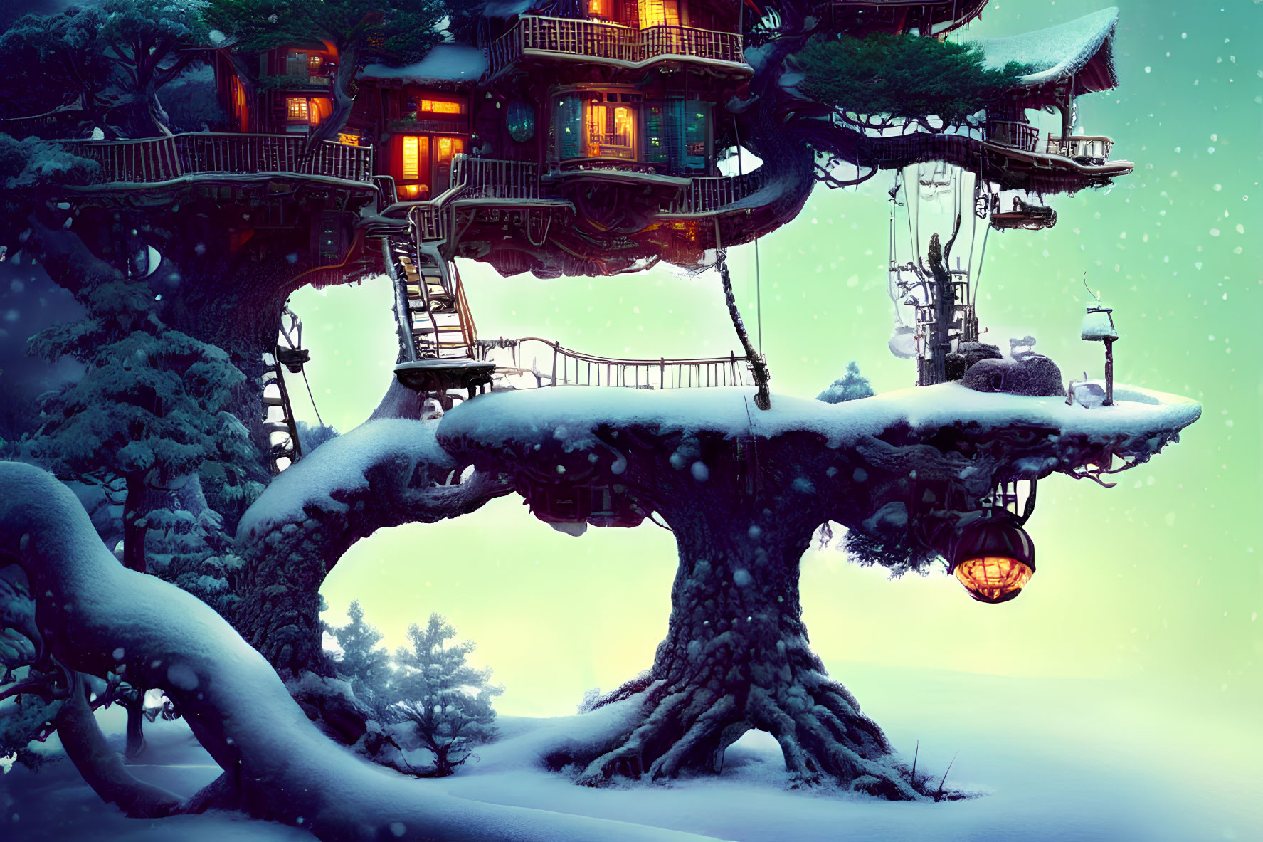 Snowy treehouse nestled in ancient tree with warm glowing lights