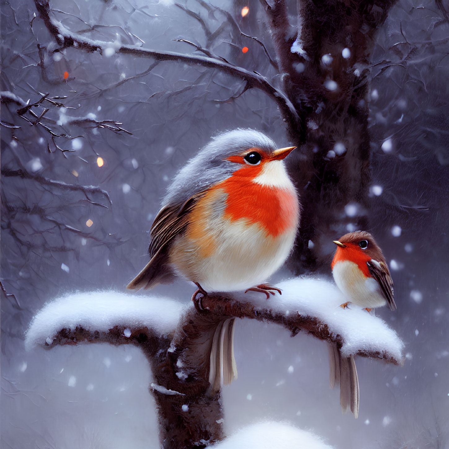 Two robins on snowy branch in serene landscape with glowing lights