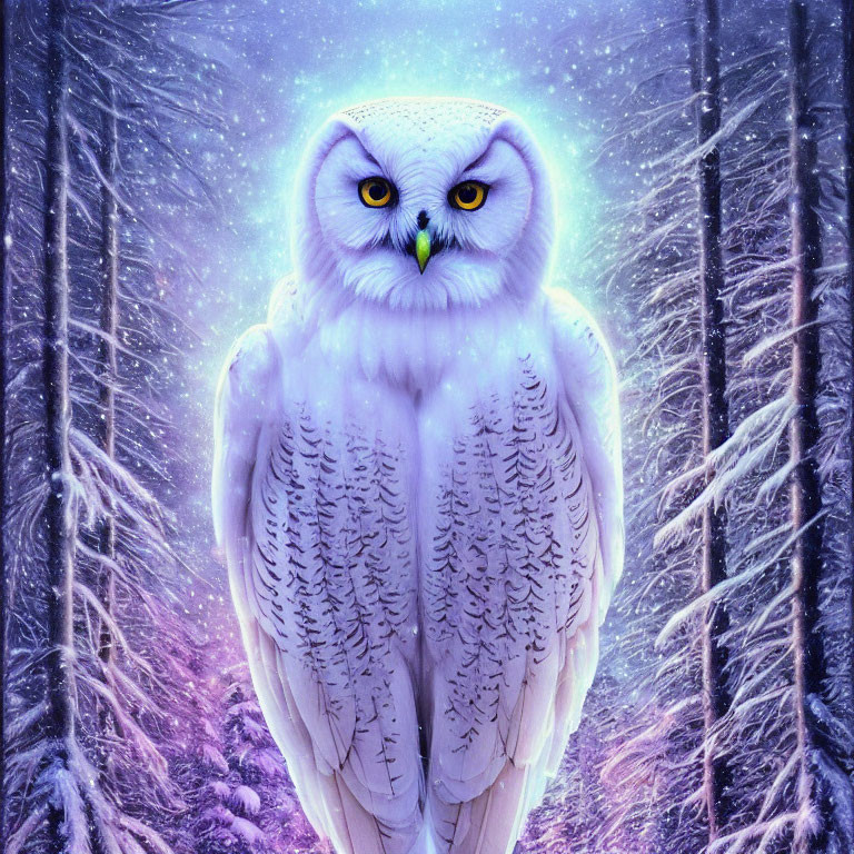 White Owl in Snowy Forest with Glowing Yellow Eyes and Starry Sky