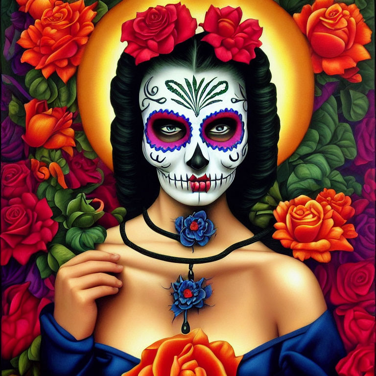 Colorful Day of the Dead artwork: Woman with skull face painting and roses.