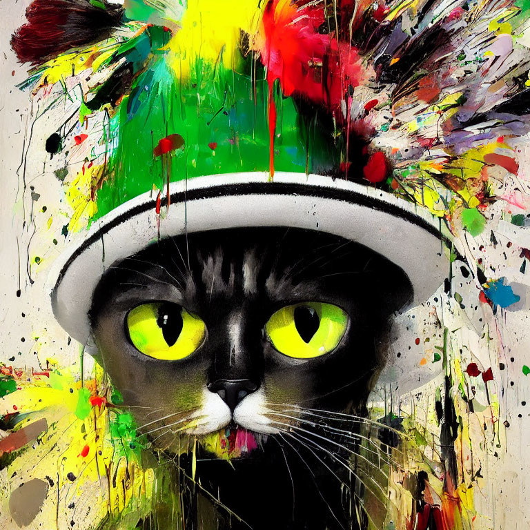Colorful hat black cat with green eyes in dynamic paint splatter backdrop