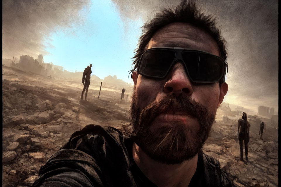 Bearded man in sunglasses in desolate landscape with silhouettes of people and ruins