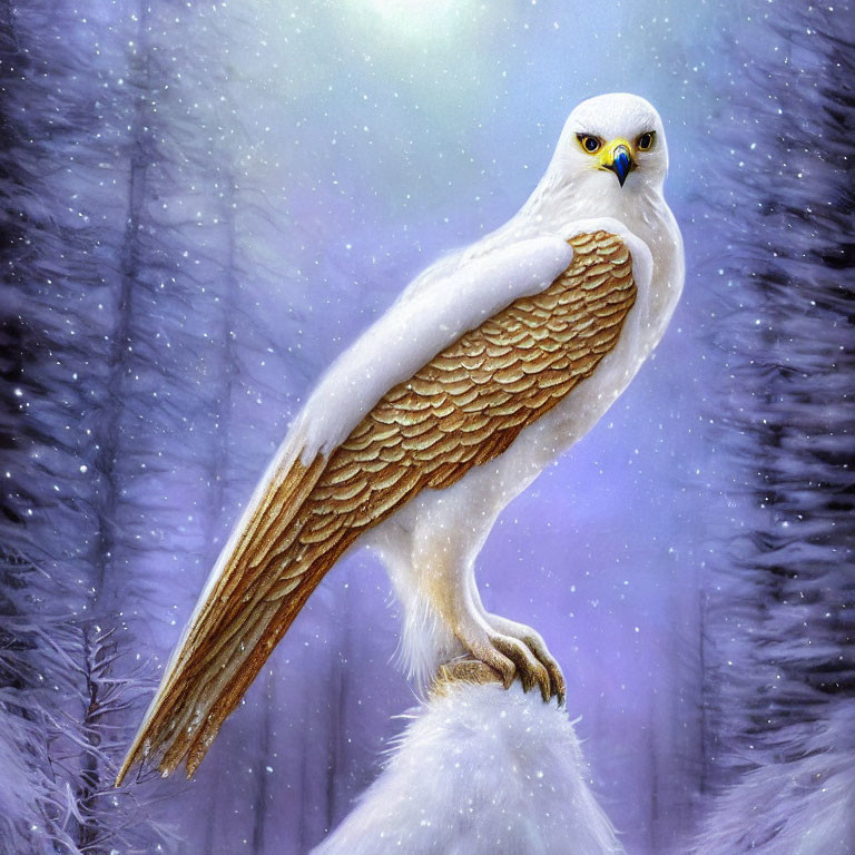 White bird with golden eyes perched on snowy outcrop in wintery forest