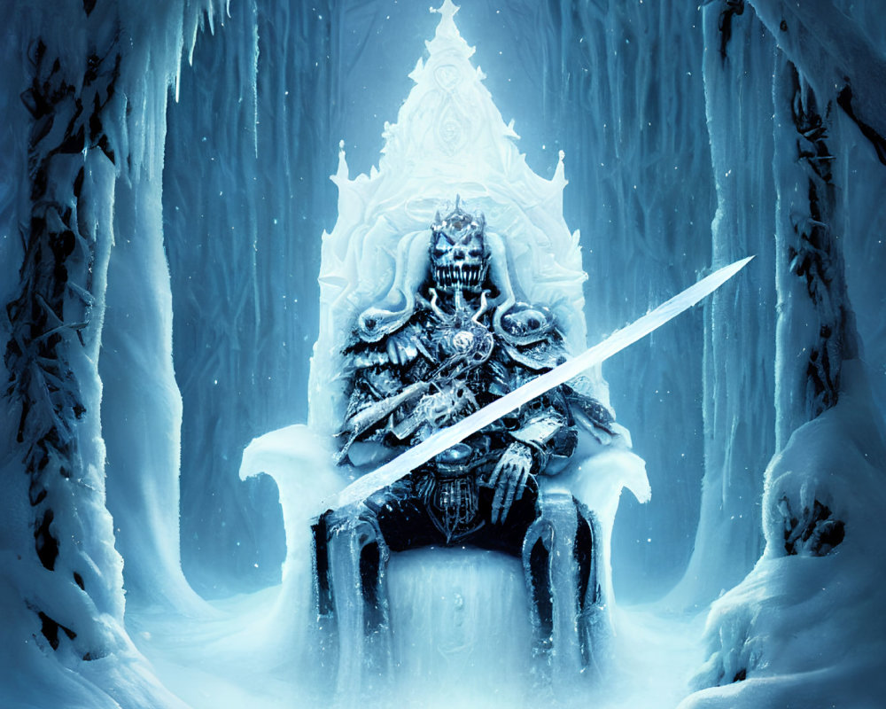 Armored knight on icy throne with long sword in snowflake forest