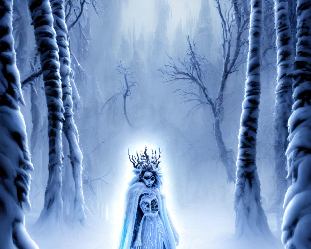 Ethereal figure in deer skull mask and antlers in snowy forest