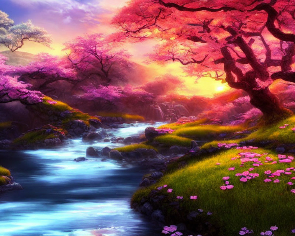 Tranquil landscape with pink cherry blossoms and babbling creek