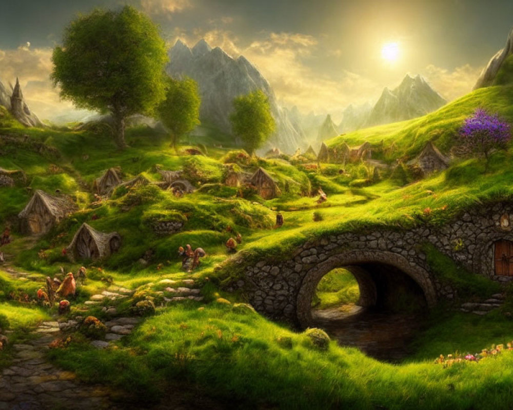 Charming village with hobbit-like houses in green hills at sunrise