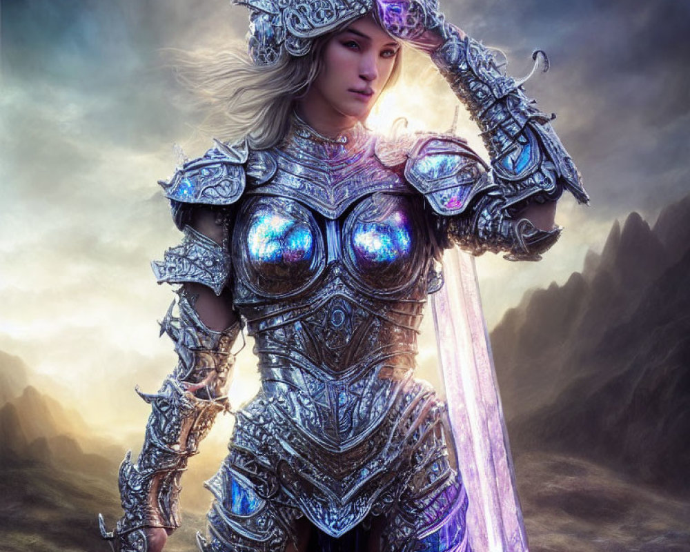 Female Warrior in Silver Armor with Glowing Sword and Fantasy Landscape