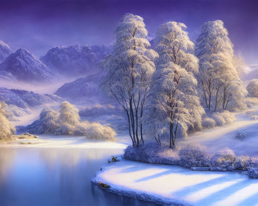 Snowy Trees, Lake, and Mountains in Purple Winter Scene